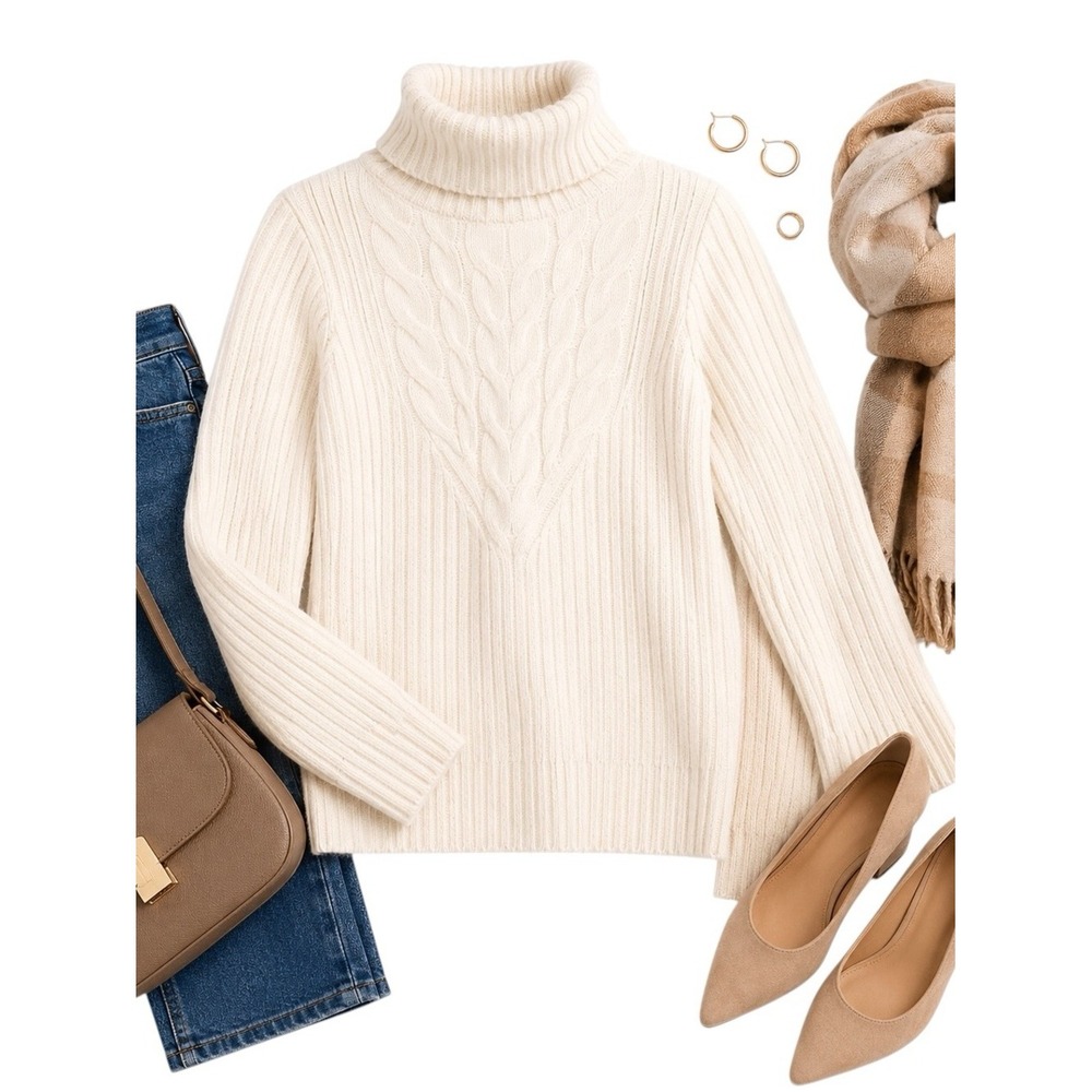 Lands End Cream Cable Knit Turtleneck Sweater Petite XS Classic Neutral Womens